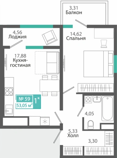 Квартира 1-комн. 53.05 кв.м