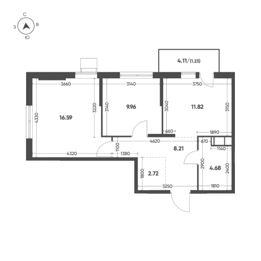 Квартира 2-комн. 55.21 кв. м