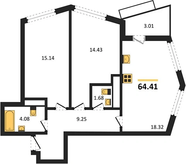 Квартира 2-комн. 64.41 кв. м