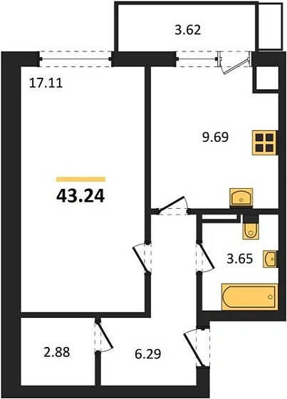 Квартира 1-комн. 43.24 кв. м