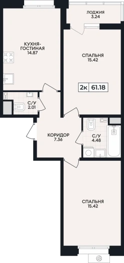 Квартира 2-комн. 61.18 кв. м