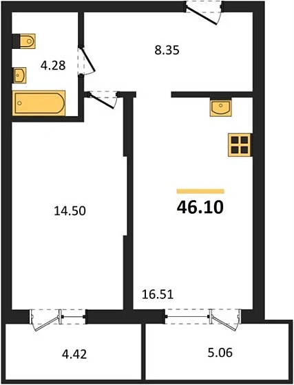 Квартира 1-комн. 46.1 кв. м
