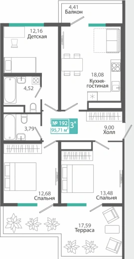 Квартира 3-комн. 95.71 кв.м