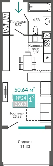 Апартаменты 1-комн. 50.64 кв.м
