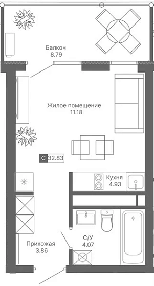 Апартаменты Студия 32.83 кв. м
