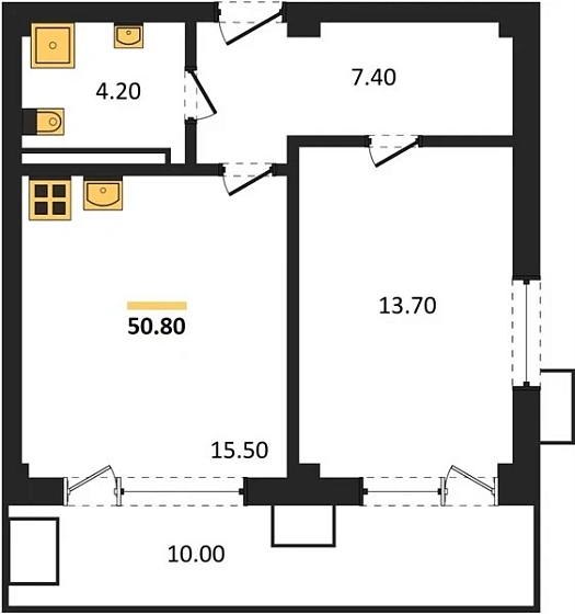Апартаменты 1-комн. 50.8 кв. м