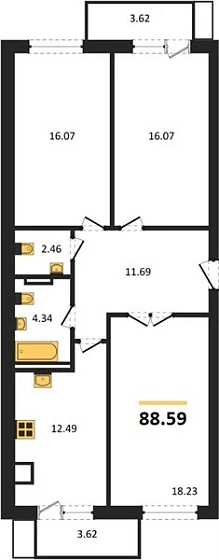 Квартира 3-комн. 88.59 кв. м