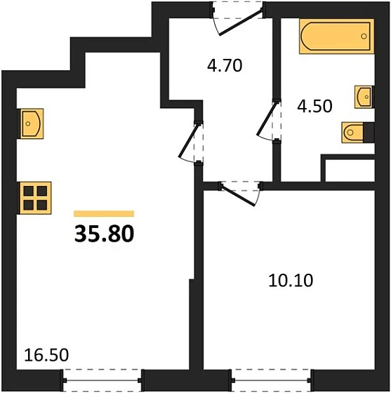 Квартира 1-комн. 35.8 кв. м