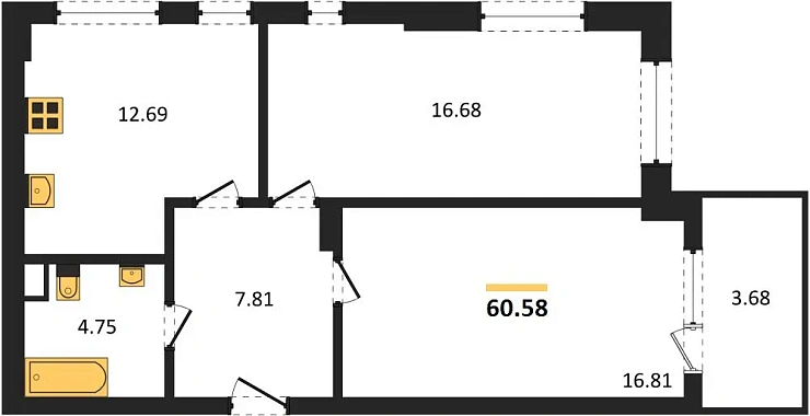 Квартира 2-комн. 60.58 кв. м