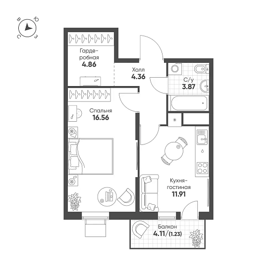 Квартира 1-комн. 42.79 кв. м