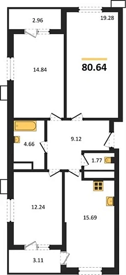 Квартира 3-комн. 80.64 кв. м