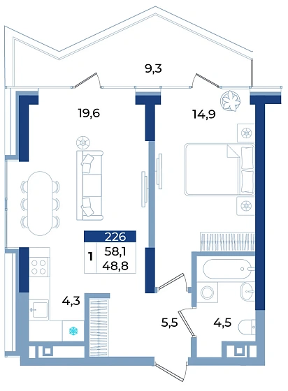Апартаменты 1-комн. 58.1 кв.м