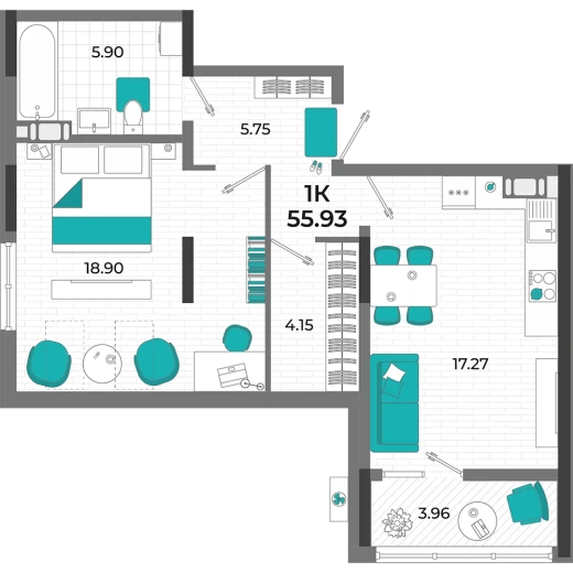Квартира 1-комн. 55.93 кв. м