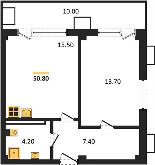 Апартаменты 1-комн. 50.8 кв. м