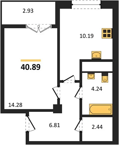Квартира 1-комн. 40.89 кв. м
