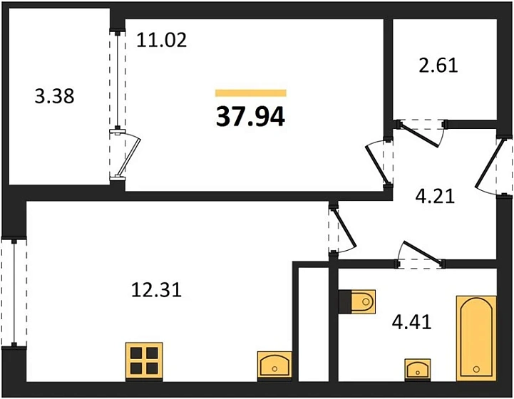 Квартира 1-комн. 37.94 кв. м