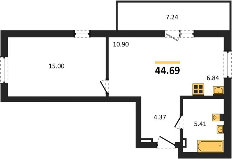 Квартира 1-комн. 44.69 кв. м