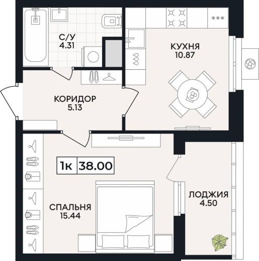 Квартира 1-комн. 38 кв. м
