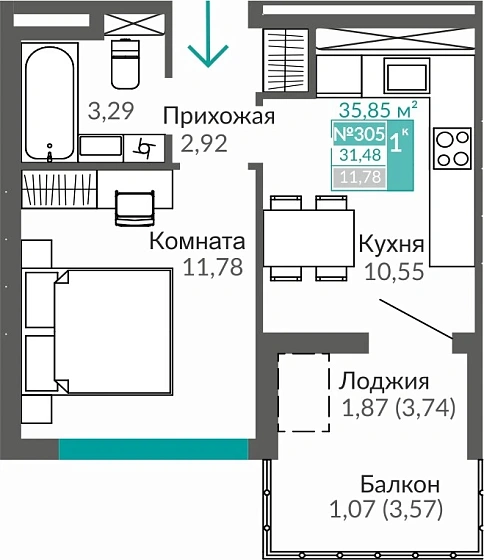 Квартира 1-комн. 31.48 кв.м