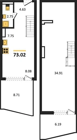 Квартира 1-комн. 73.02 кв. м