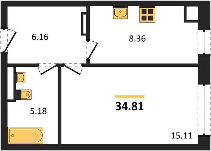 Квартира 1-комн. 34.81 кв. м
