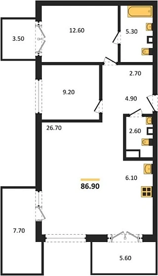 Квартира 2-комн. 86.9 кв. м