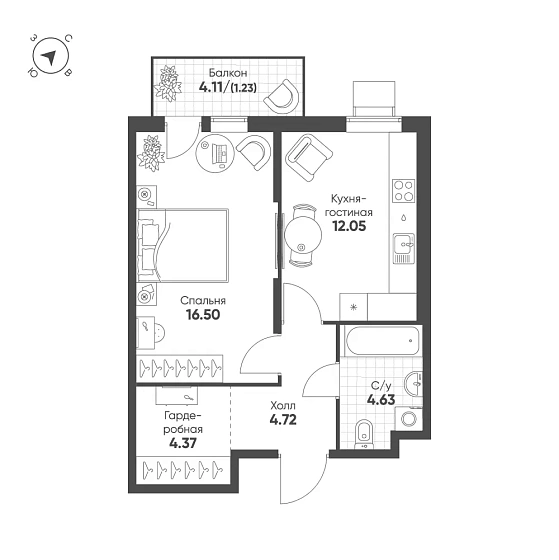 Квартира 1-комн. 43.5 кв. м
