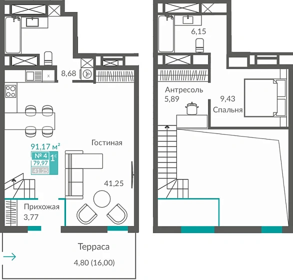 Квартира 1-комн. 79.97 кв.м
