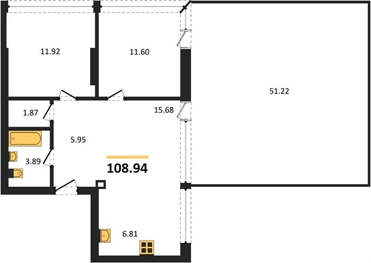 Квартира 3-комн. 108.94 кв. м