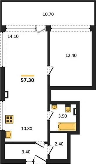 Апартаменты 1-комн. 57.3 кв. м
