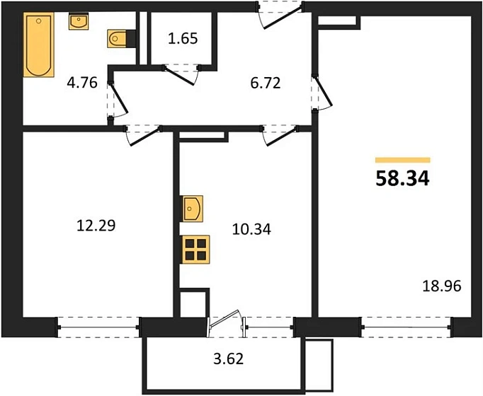 Квартира 2-комн. 58.34 кв. м