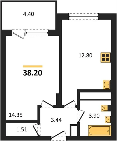 Квартира 1-комн. 38.2 кв. м