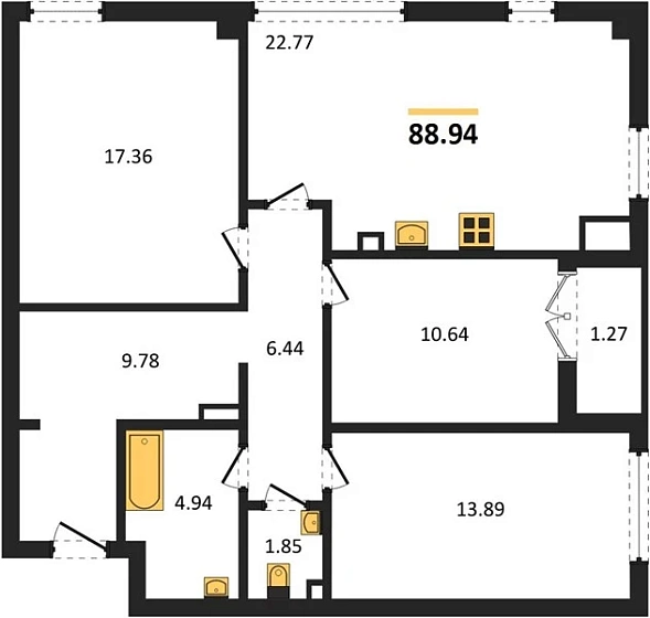 Квартира 3-комн. 88.94 кв. м