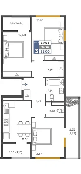 Квартира 3-комн. 74.28 кв. м
