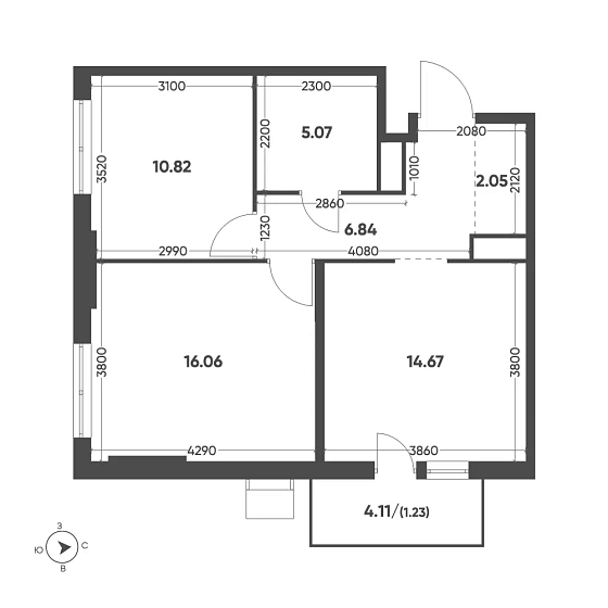 Квартира 2-комн. 56.74 кв. м
