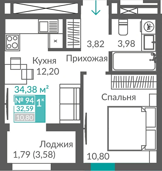Квартира 1-комн. 32.59 кв.м