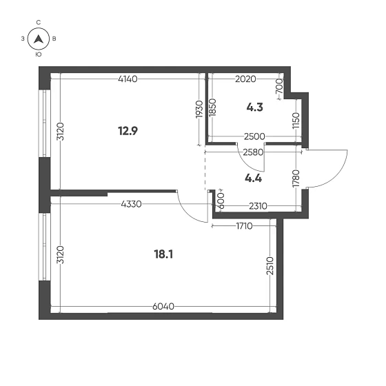 Квартира 1-комн. 39.7 кв. м