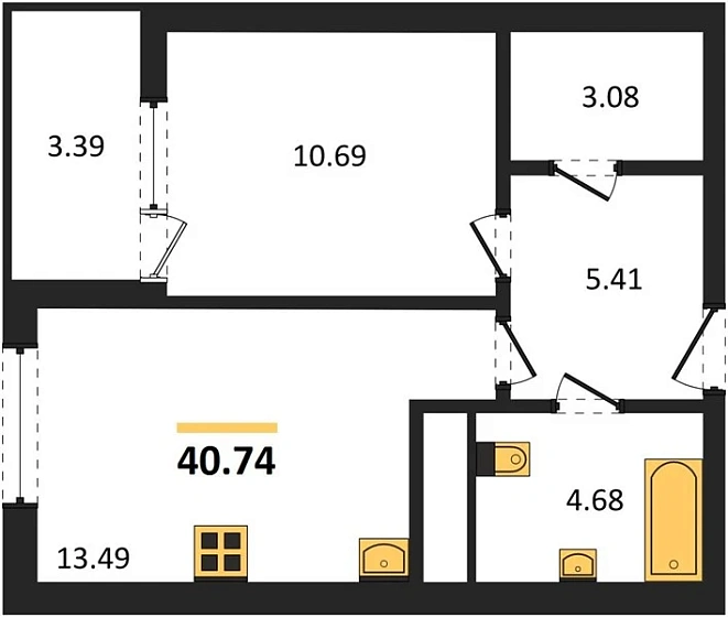 Квартира 1-комн. 40.74 кв. м