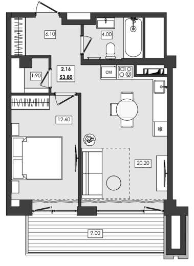Апартаменты 2-комн. 53.8 кв. м