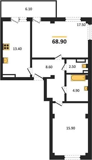 Квартира 2-комн. 68.9 кв. м