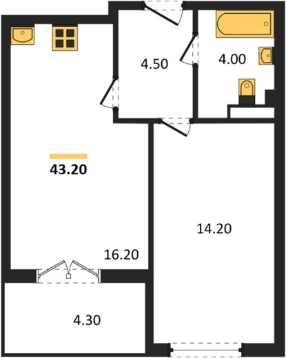 Квартира 1-комн. 43.2 кв. м