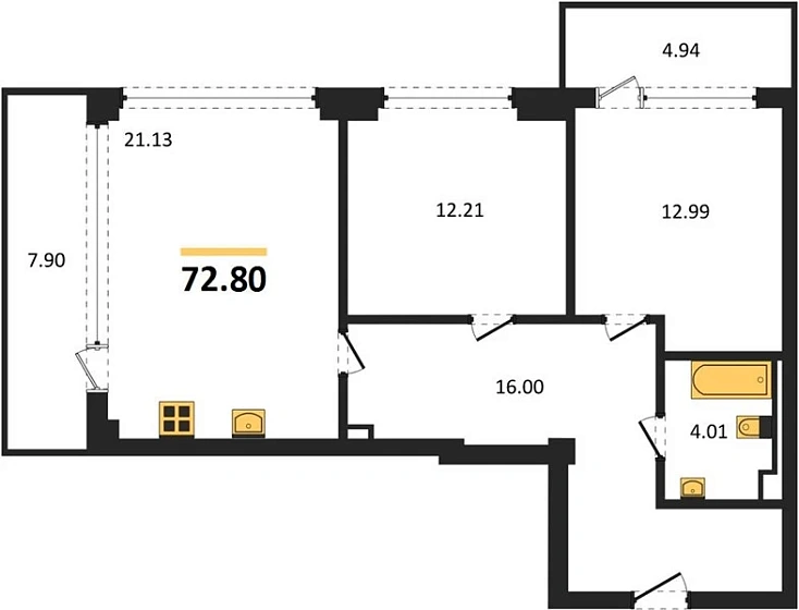Квартира 2-комн. 72.8 кв. м