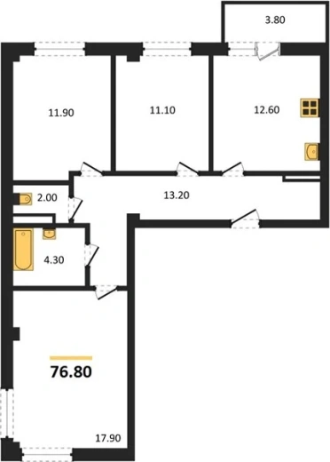 Квартира 3-комн. 76.8 кв. м