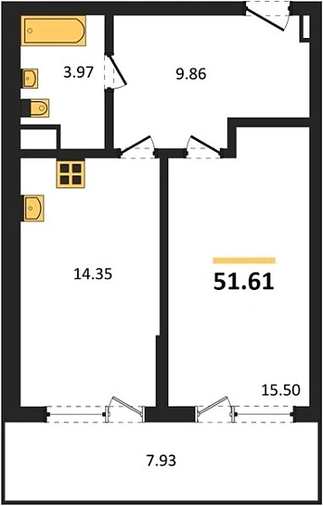 Апартаменты 1-комн. 51.61 кв. м