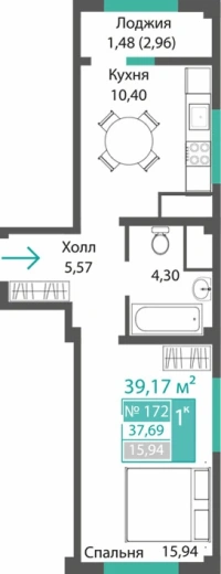 Квартира 1-комн. 37.69 кв.м