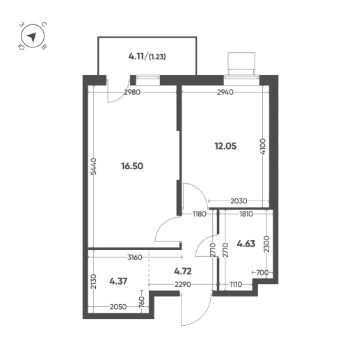 Квартира 1-комн. 43.5 кв. м
