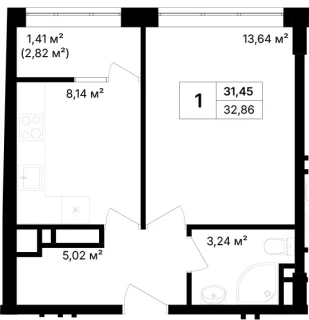 Квартира 1-комн. 32.86 кв. м