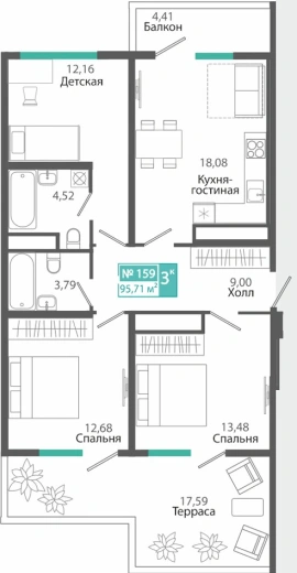 Квартира 3-комн. 95.71 кв.м
