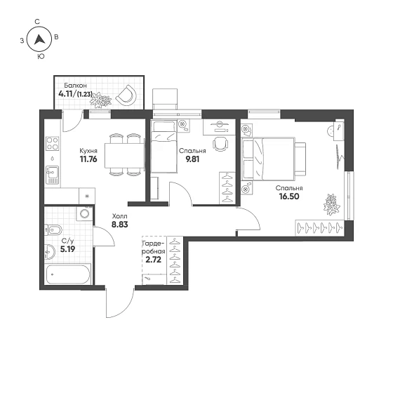 Квартира 2-комн. 56.04 кв. м