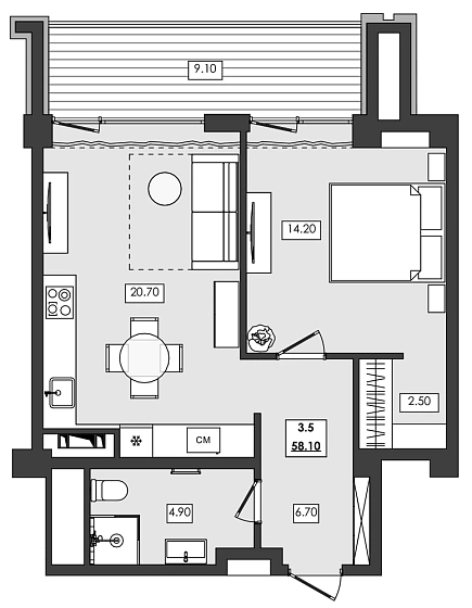 Апартаменты 2-комн. 58.1 кв. м